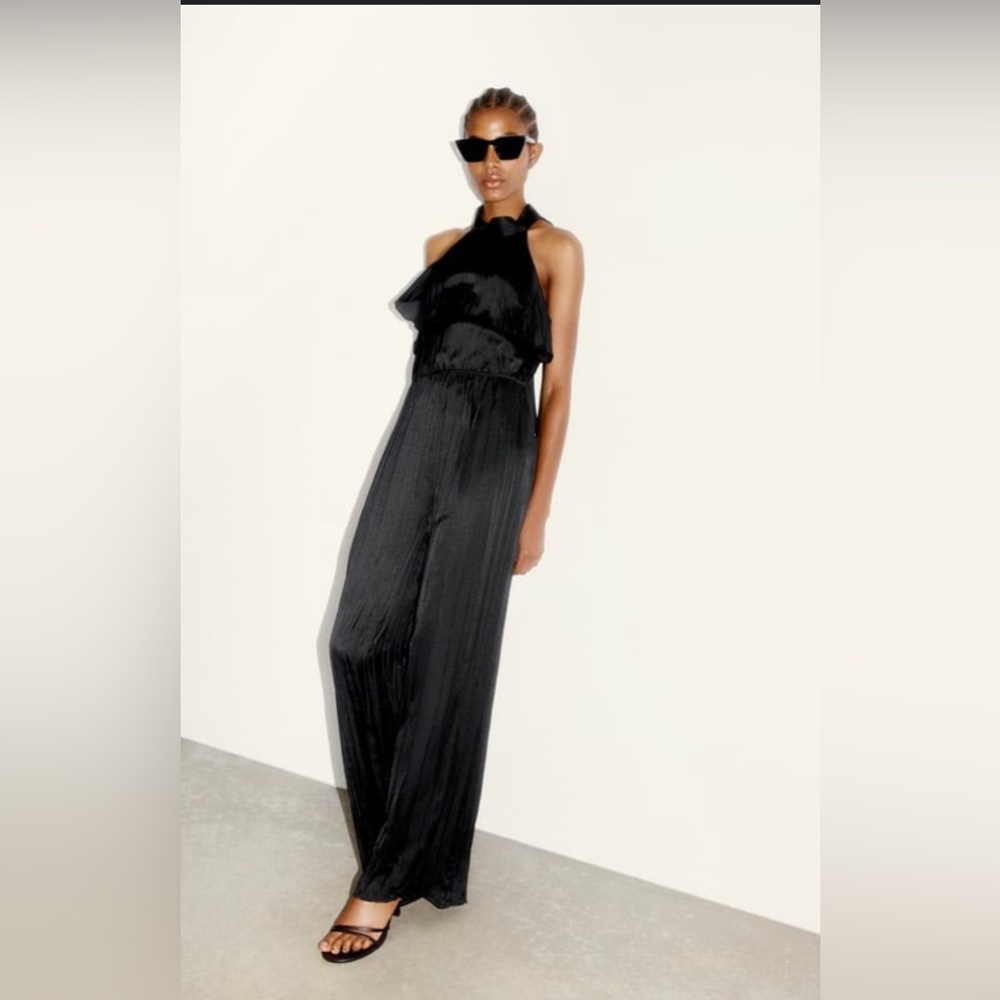 NWT. ZARA. Ruffled Satin Halter Jumpsuit, black. Size Medium